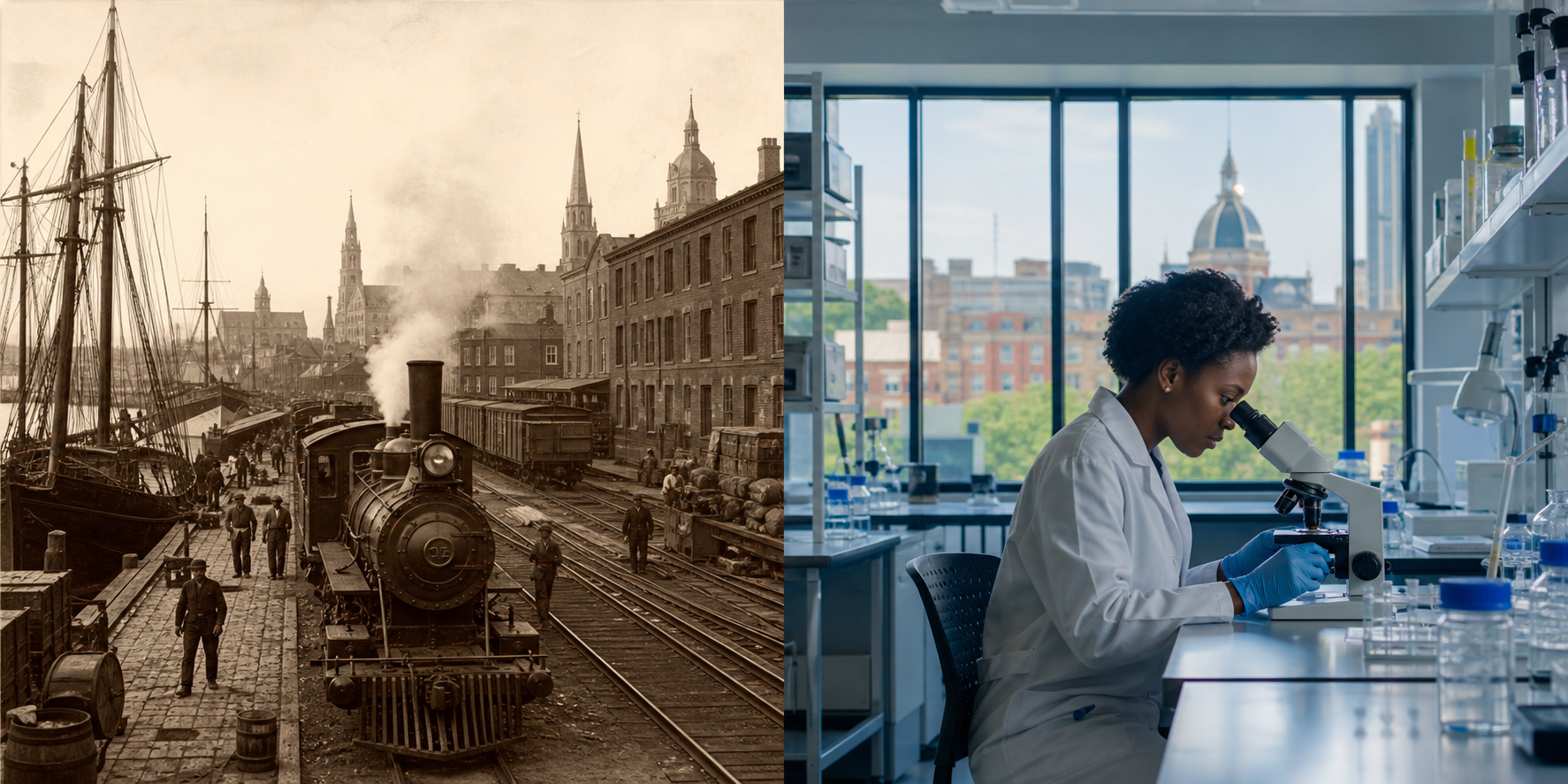 Historic port and railroad beside a modern biomedical laboratory